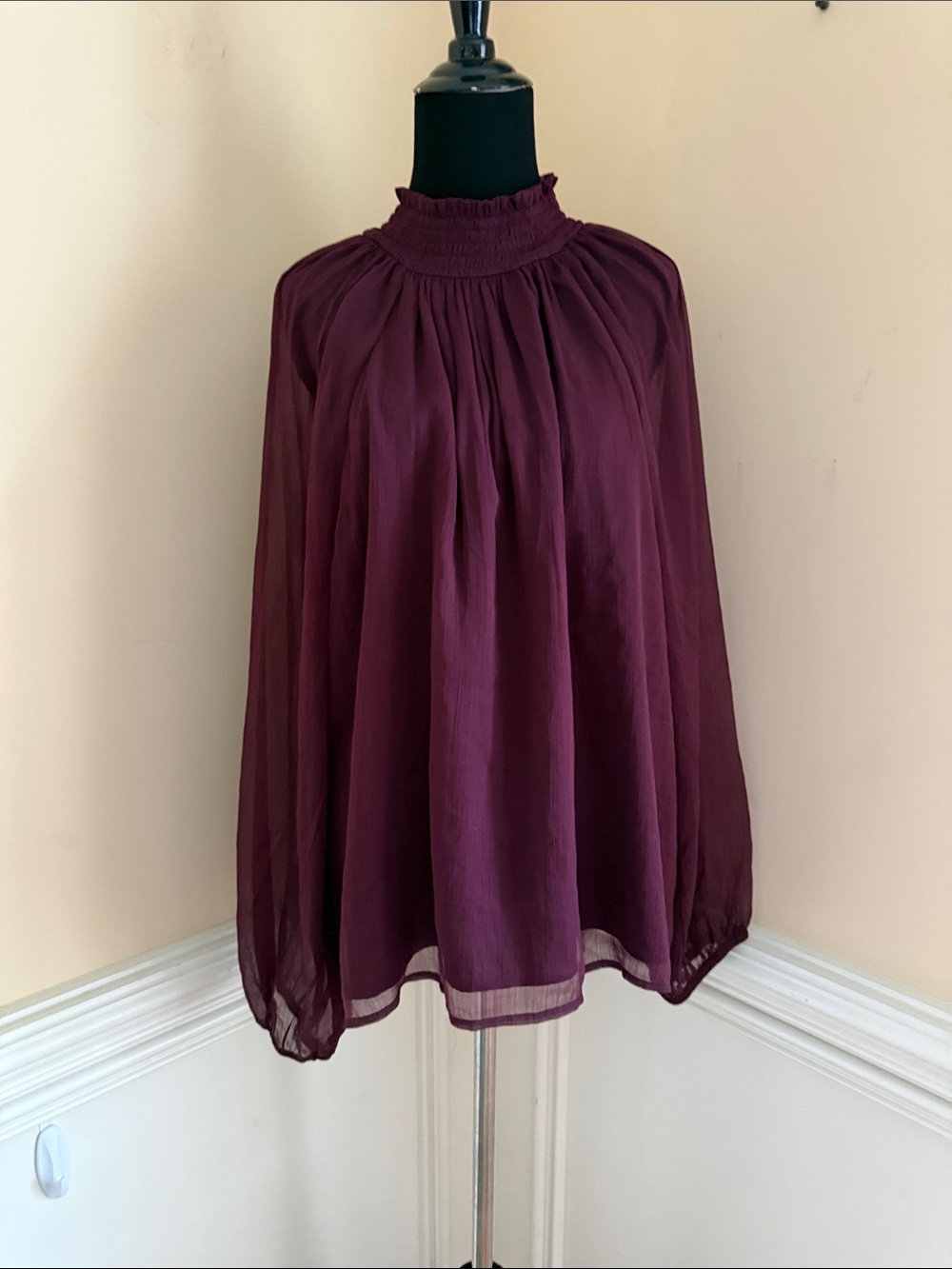 NWT Joie Plum High-Neck Smocked Blouse Size XL